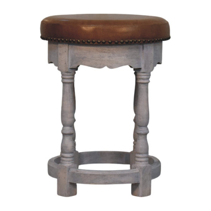 Brown Lacquered Acid Wash Solid Mango Wood Rustic Charm Stool with Turned Legs & Leather Seat