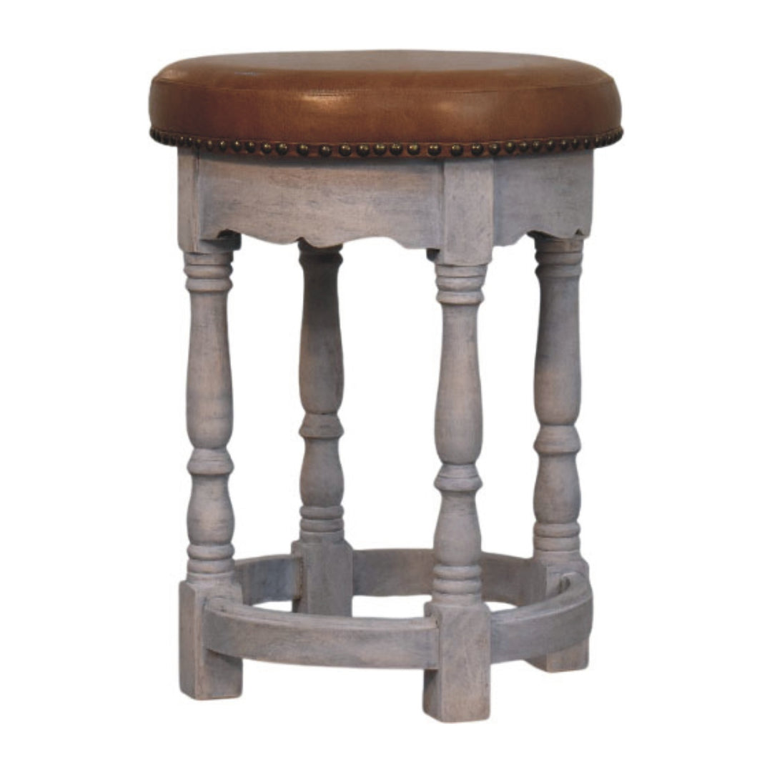 Brown Lacquered Acid Wash Solid Mango Wood Rustic Charm Stool with Turned Legs & Leather Seat