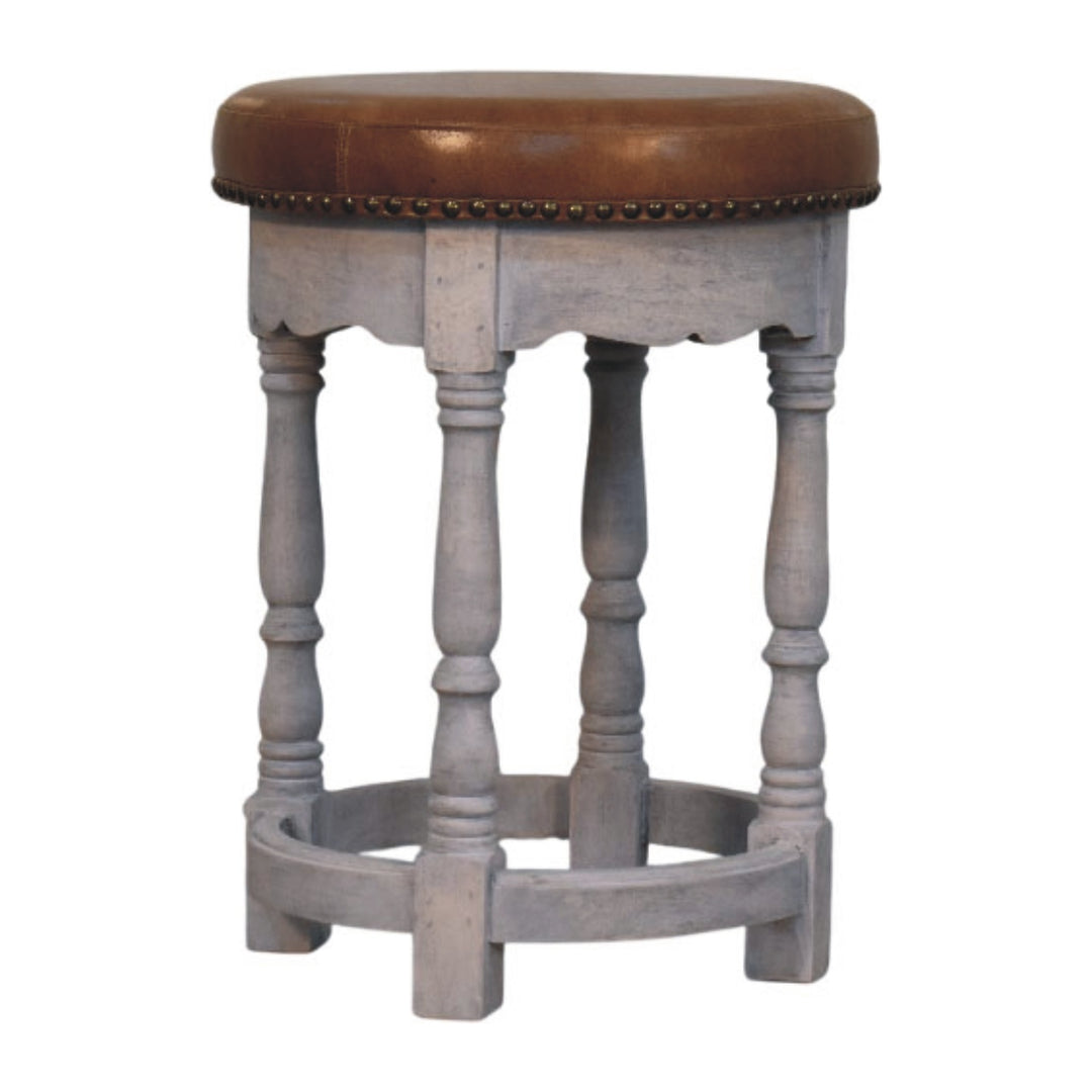Brown Lacquered Acid Wash Solid Mango Wood Rustic Charm Stool with Turned Legs & Leather Seat