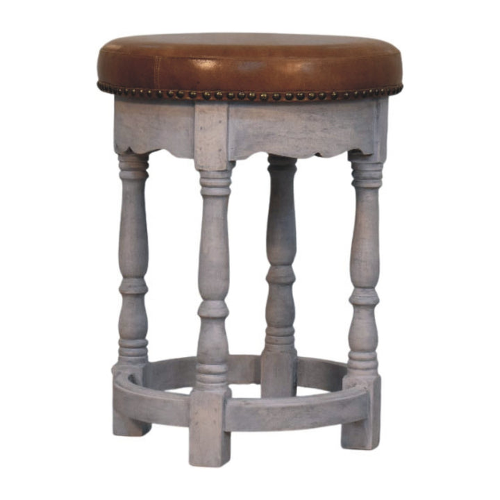 Brown Lacquered Acid Wash Solid Mango Wood Rustic Charm Stool with Turned Legs & Leather Seat