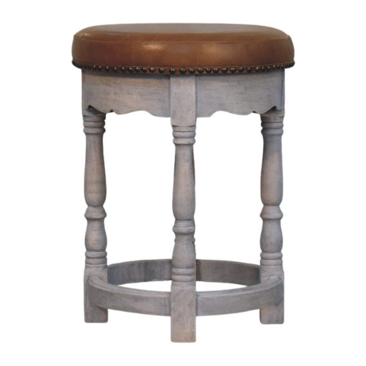 Brown Lacquered Acid Wash Solid Mango Wood Rustic Charm Stool with Turned Legs & Leather Seat