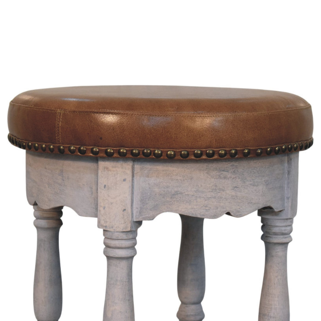 Brown Lacquered Acid Wash Solid Mango Wood Rustic Charm Stool with Turned Legs & Leather Seat