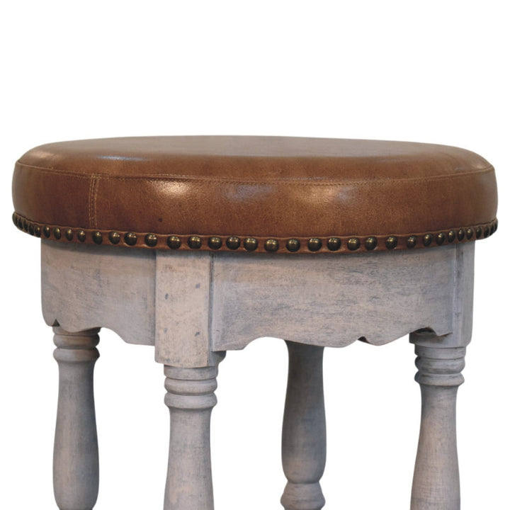 Brown Lacquered Acid Wash Solid Mango Wood Rustic Charm Stool with Turned Legs & Leather Seat