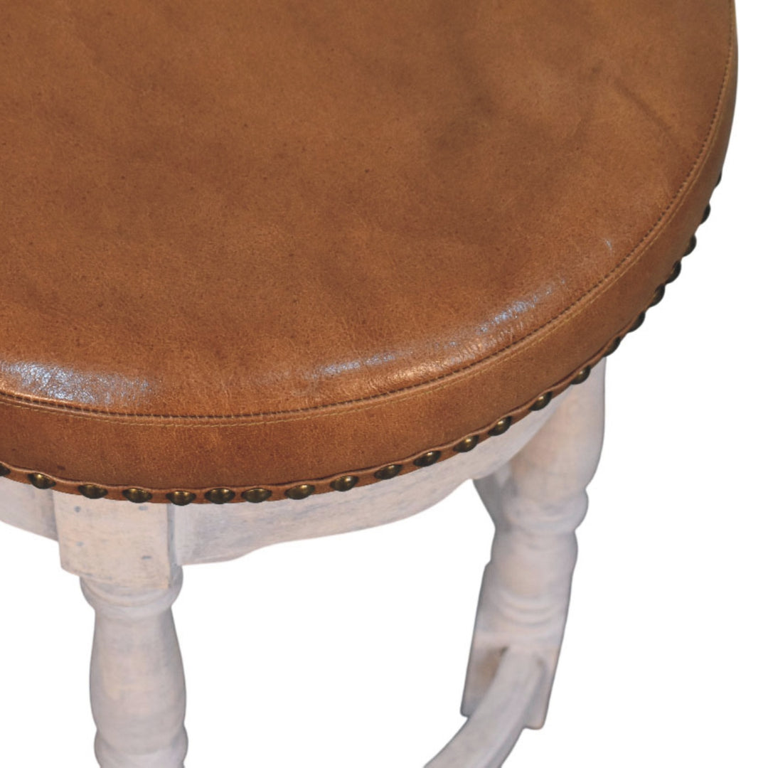 Brown Lacquered Acid Wash Solid Mango Wood Rustic Charm Stool with Turned Legs & Leather Seat