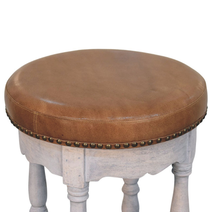 Brown Lacquered Acid Wash Solid Mango Wood Rustic Charm Stool with Turned Legs & Leather Seat