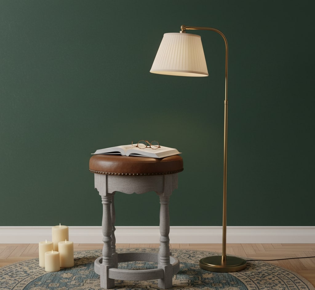 Brown Lacquered Acid Wash Solid Mango Wood Rustic Charm Stool with Turned Legs & Leather Seat