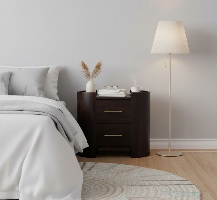 Chocolate Brown Velvet Solid Mango Wood Valencia 2-Drawer Bedside with T-Handles
