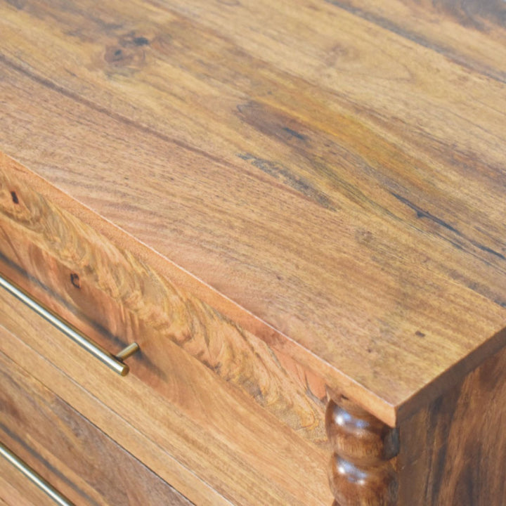 Brown Lacquered Chestnut Solid Mango Wood Spindle 3-Drawer Chest with Nordic Legs