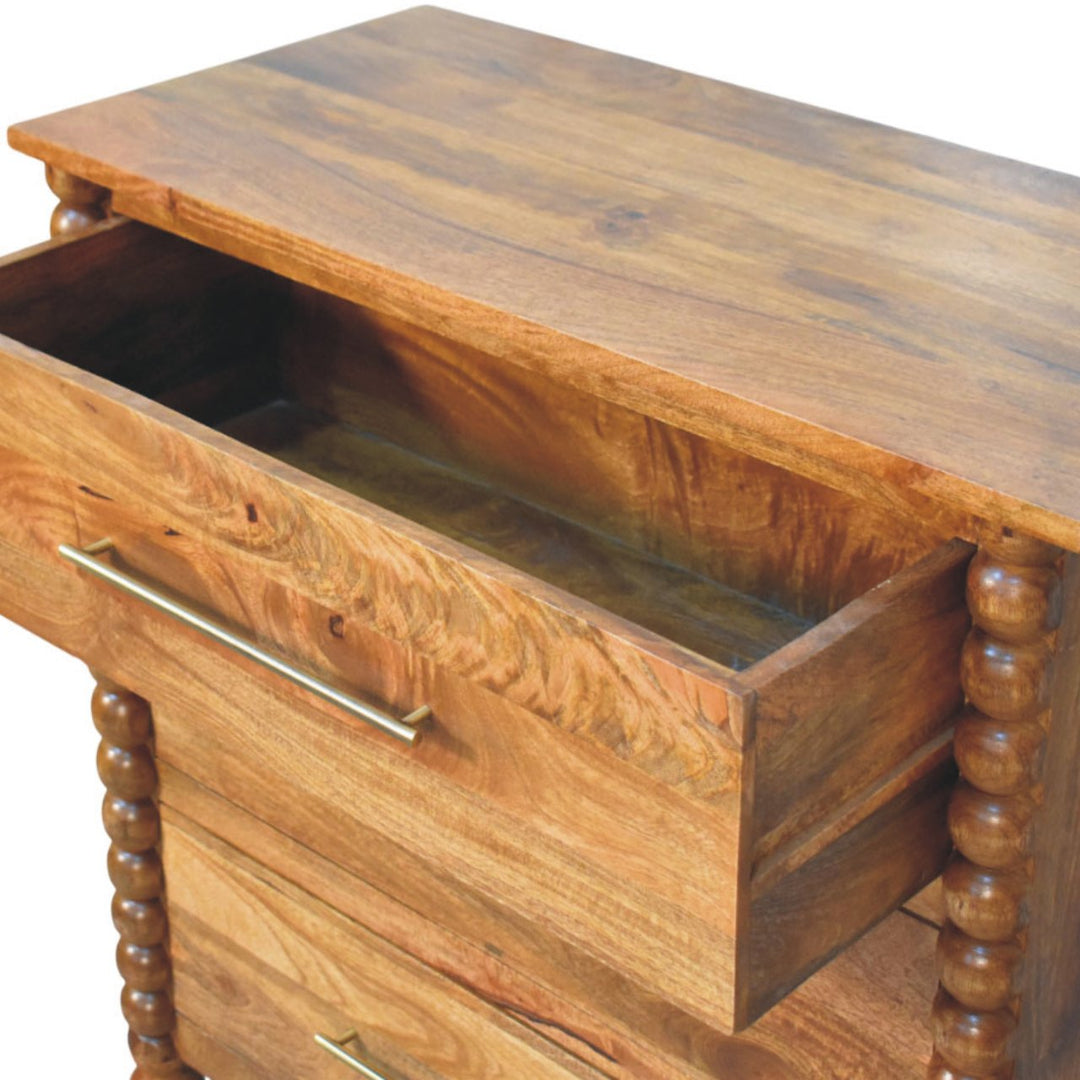 Brown Lacquered Chestnut Solid Mango Wood Spindle 3-Drawer Chest with Nordic Legs