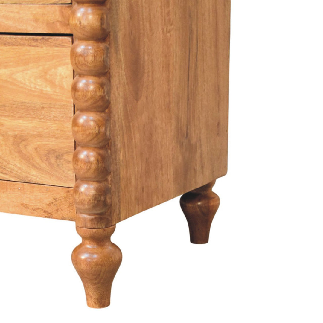 Brown Lacquered Chestnut Solid Mango Wood Spindle 3-Drawer Chest with Nordic Legs