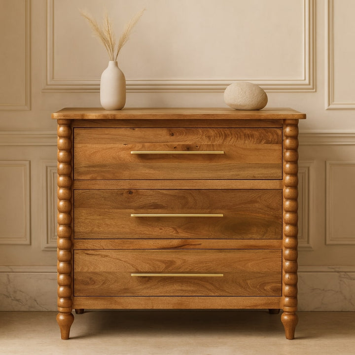 Brown Lacquered Chestnut Solid Mango Wood Spindle 3-Drawer Chest with Nordic Legs