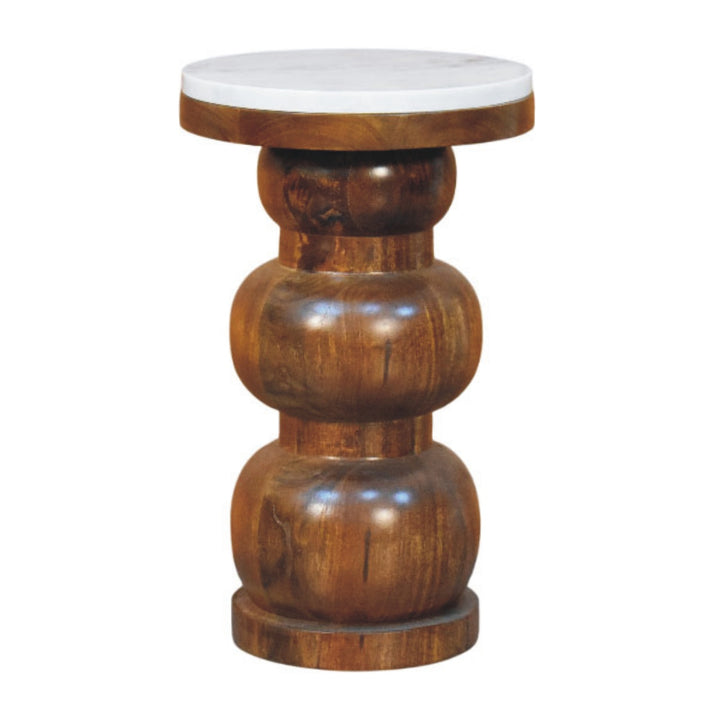 Brown White Lacquered Solid Mango Wood Bulla Side Table with Rounded Layered Base & Marble Top