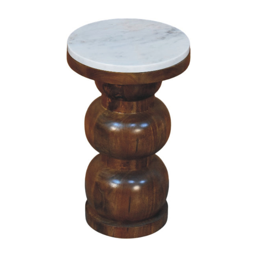 Brown White Lacquered Solid Mango Wood Bulla Side Table with Rounded Layered Base & Marble Top