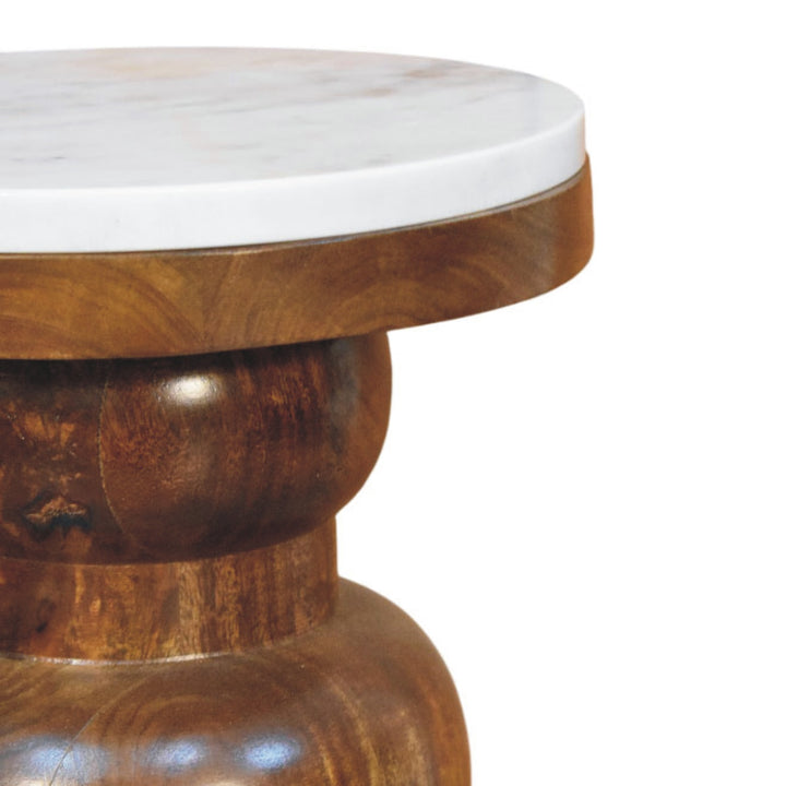 Brown White Lacquered Solid Mango Wood Bulla Side Table with Rounded Layered Base & Marble Top