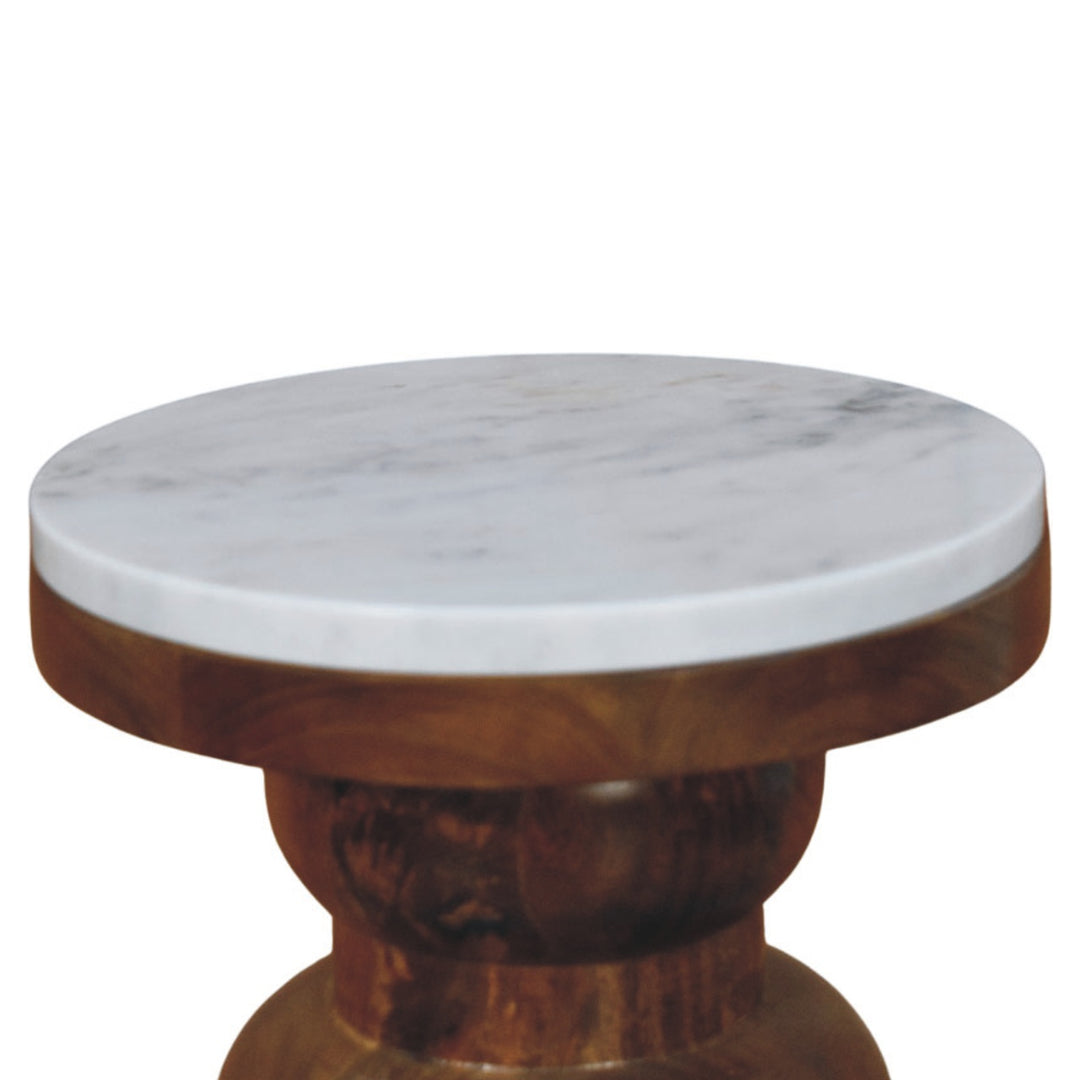 Brown White Lacquered Solid Mango Wood Bulla Side Table with Rounded Layered Base & Marble Top