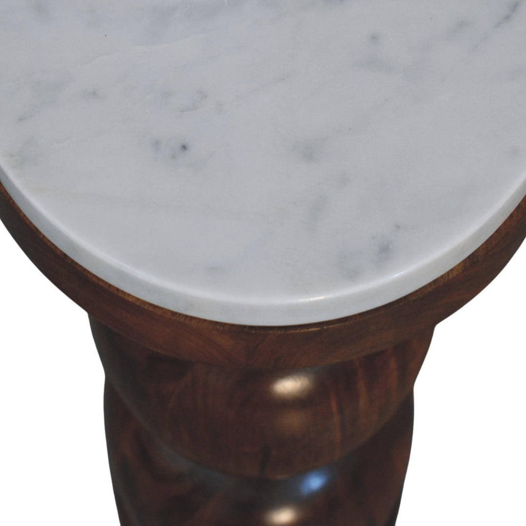 Brown White Lacquered Solid Mango Wood Bulla Side Table with Rounded Layered Base & Marble Top