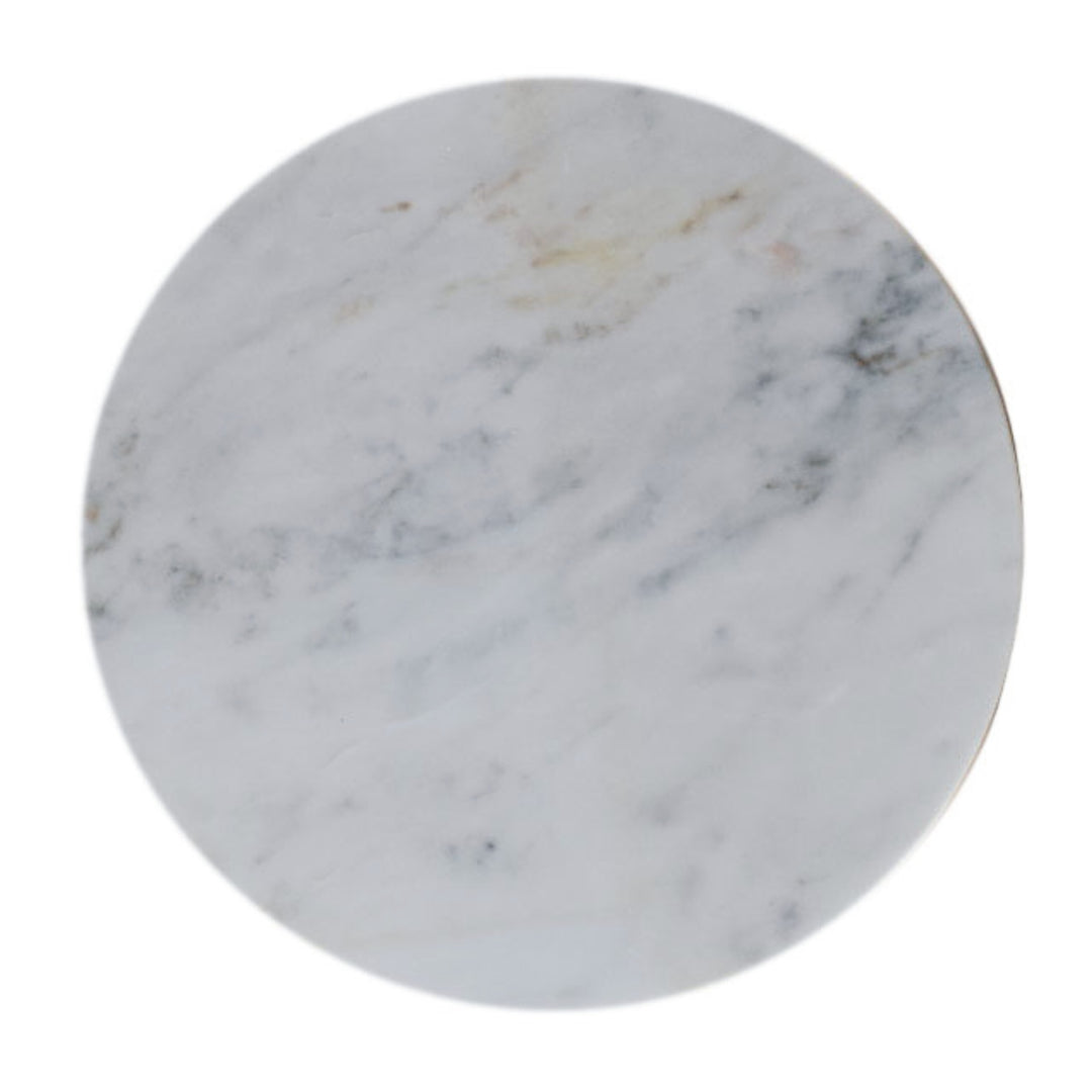Brown White Lacquered Solid Mango Wood Bulla Side Table with Rounded Layered Base & Marble Top