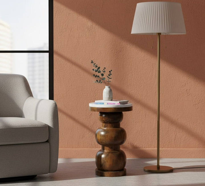 Brown White Lacquered Solid Mango Wood Bulla Side Table with Rounded Layered Base & Marble Top