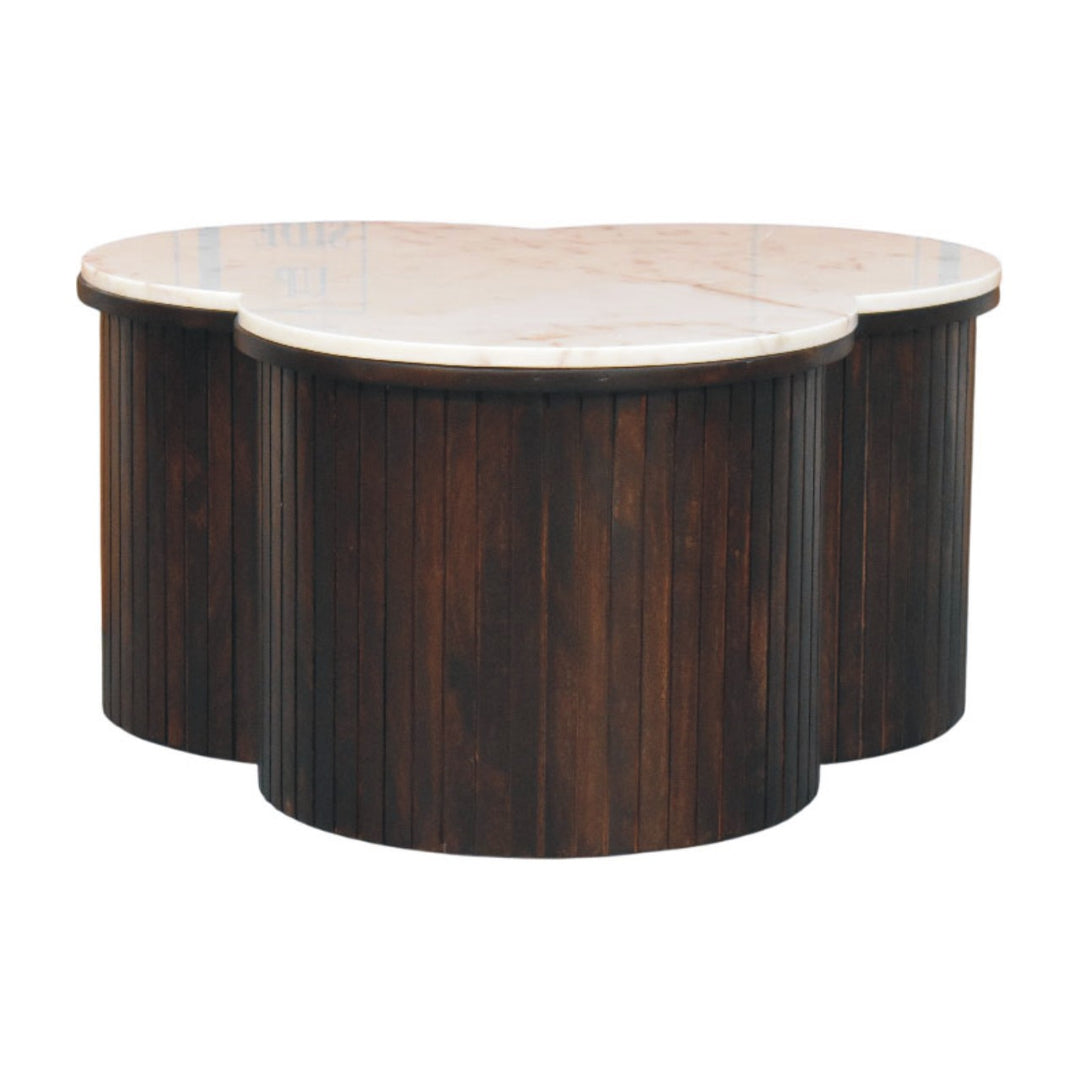 Brown Velvet Solid Mango Wood Verona Marble Coffee Table with Clover Silhouette & Fluted Sides