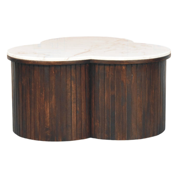 Brown Velvet Solid Mango Wood Verona Marble Coffee Table with Clover Silhouette & Fluted Sides