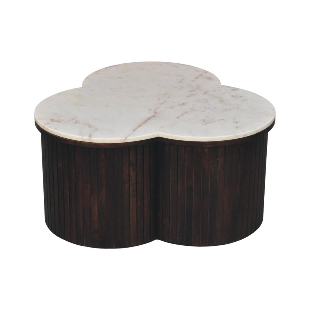 Brown Velvet Solid Mango Wood Verona Marble Coffee Table with Clover Silhouette & Fluted Sides