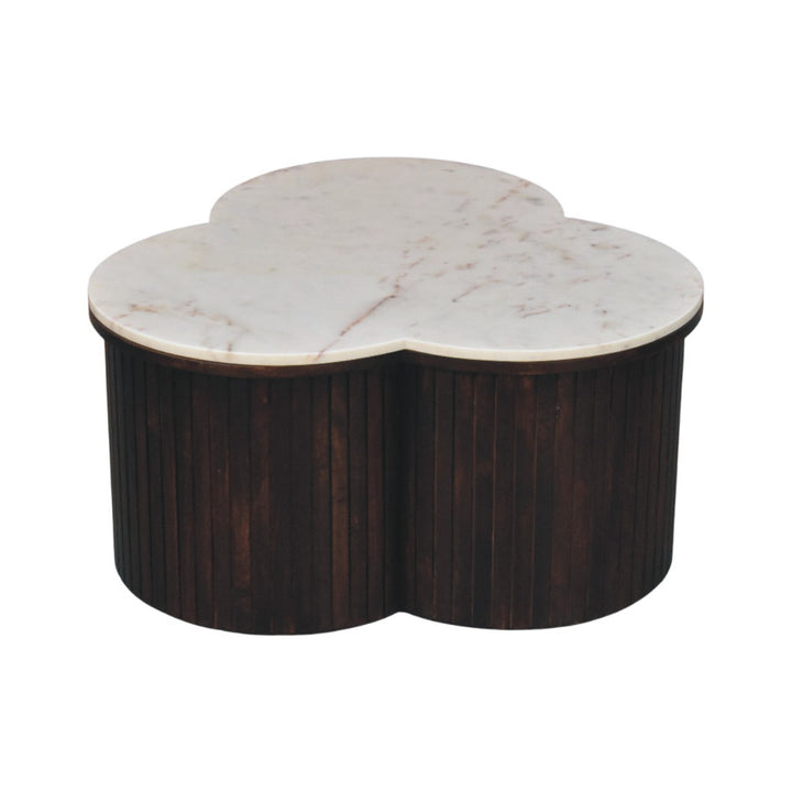 Brown Velvet Solid Mango Wood Verona Marble Coffee Table with Clover Silhouette & Fluted Sides