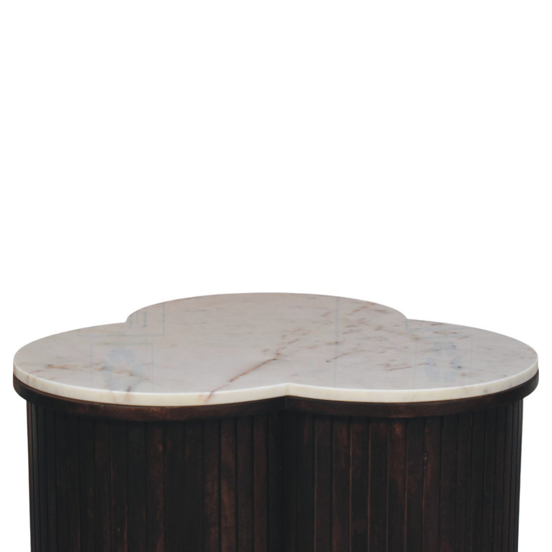 Brown Velvet Solid Mango Wood Verona Marble Coffee Table with Clover Silhouette & Fluted Sides