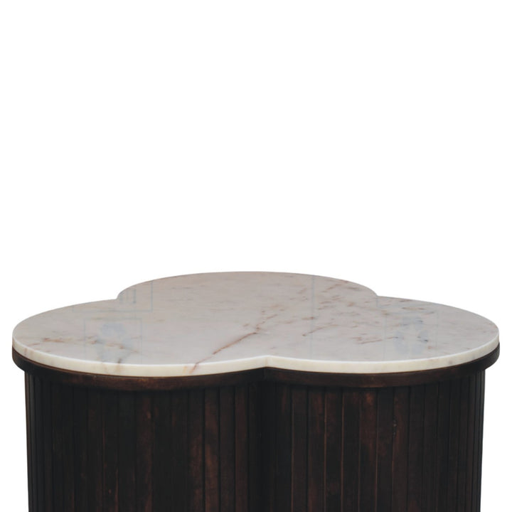 Brown Velvet Solid Mango Wood Verona Marble Coffee Table with Clover Silhouette & Fluted Sides
