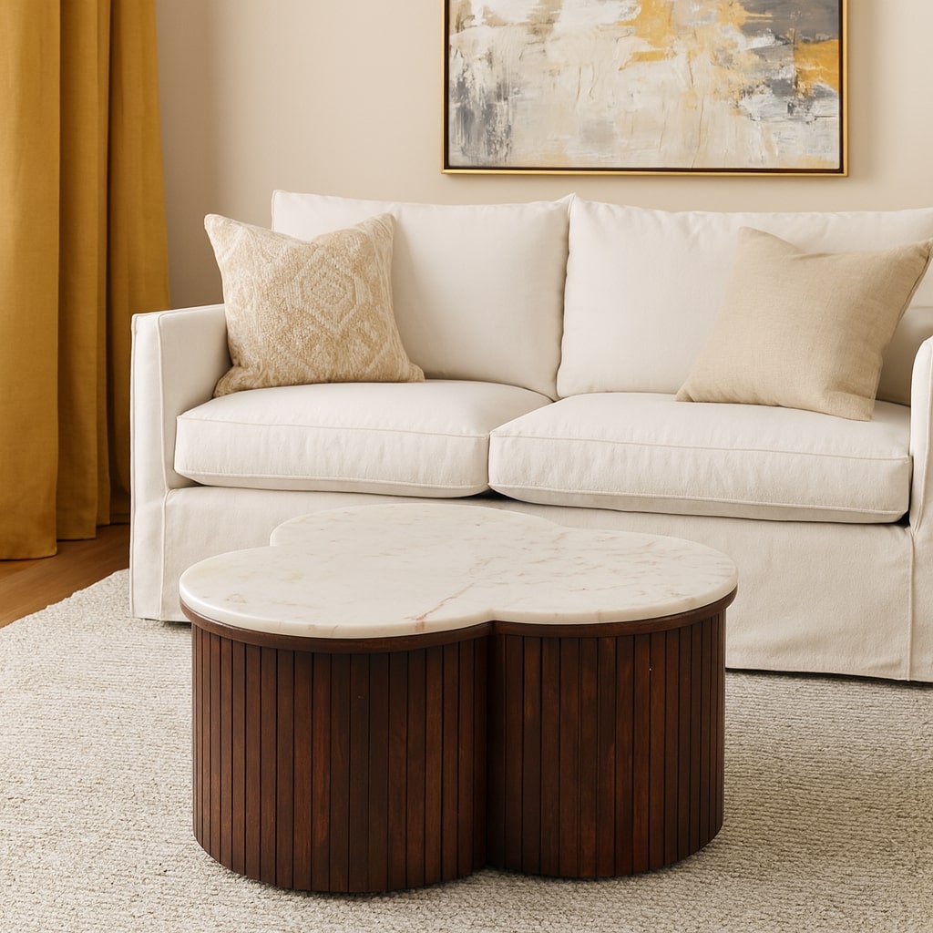 Brown Velvet Solid Mango Wood Verona Marble Coffee Table with Clover Silhouette & Fluted Sides