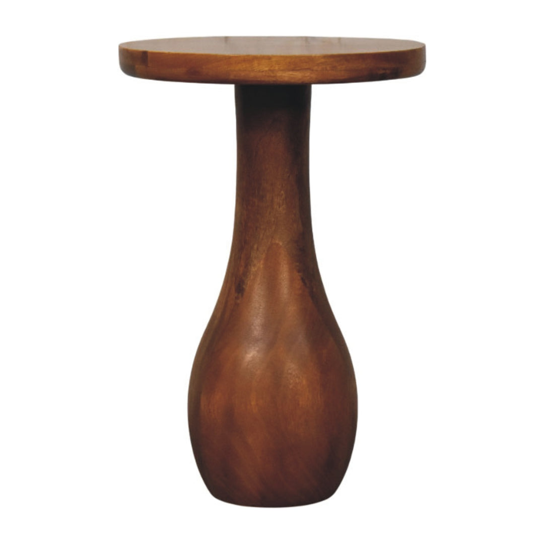 Brown Lacquered Roasted Almond Solid Mango Wood Curved Side Table with Arched Cutout & Open Shelf
