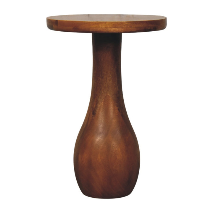 Brown Lacquered Roasted Almond Solid Mango Wood Curved Side Table with Arched Cutout & Open Shelf