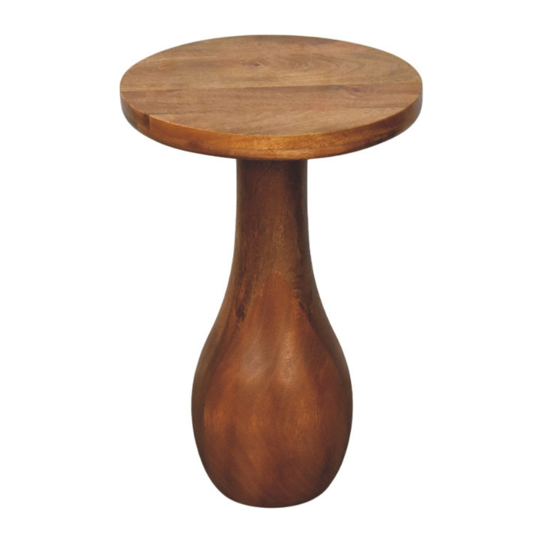 Brown Lacquered Roasted Almond Solid Mango Wood Curved Side Table with Arched Cutout & Open Shelf