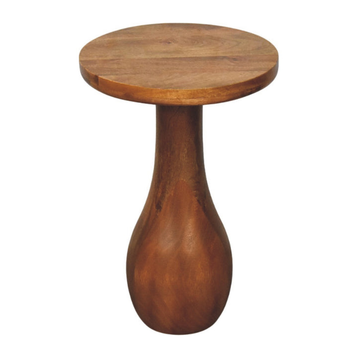 Brown Lacquered Roasted Almond Solid Mango Wood Curved Side Table with Arched Cutout & Open Shelf