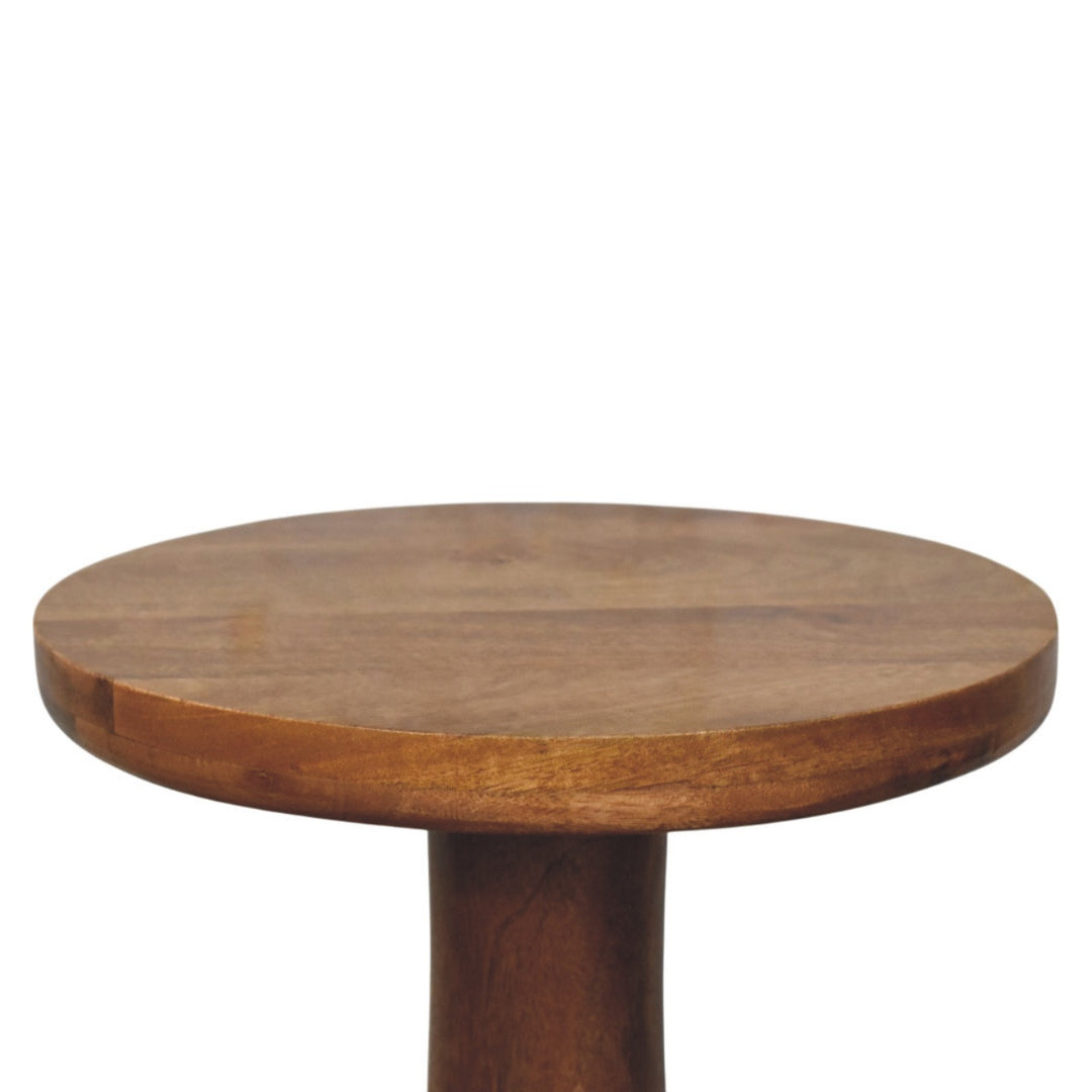 Brown Lacquered Roasted Almond Solid Mango Wood Curved Side Table with Arched Cutout & Open Shelf