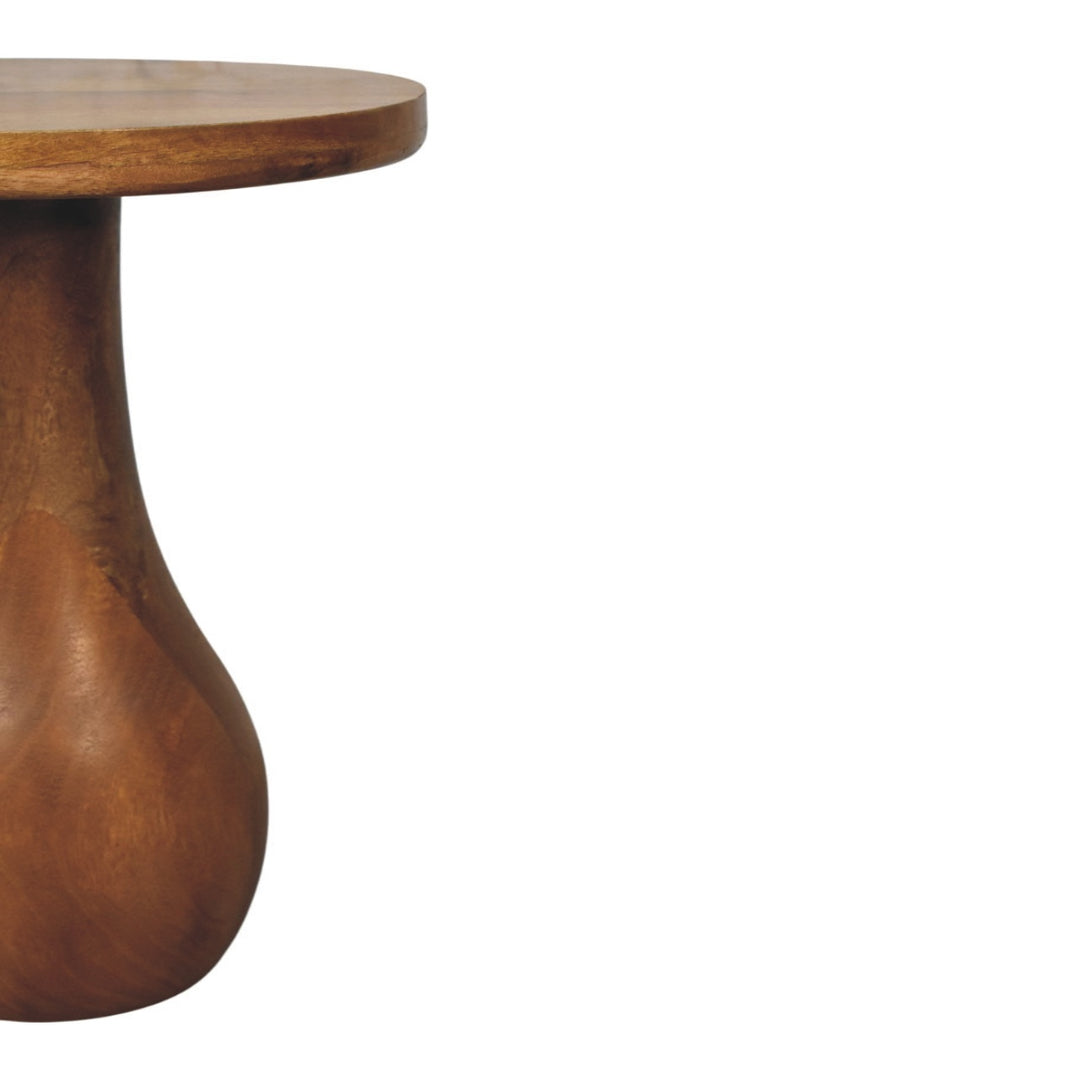 Brown Lacquered Roasted Almond Solid Mango Wood Curved Side Table with Arched Cutout & Open Shelf