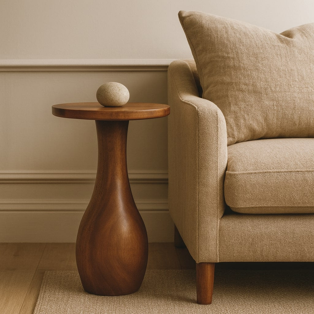 Brown Lacquered Roasted Almond Solid Mango Wood Curved Side Table with Arched Cutout & Open Shelf
