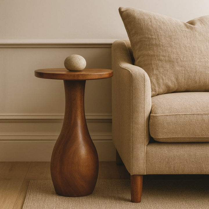 Brown Lacquered Roasted Almond Solid Mango Wood Curved Side Table with Arched Cutout & Open Shelf