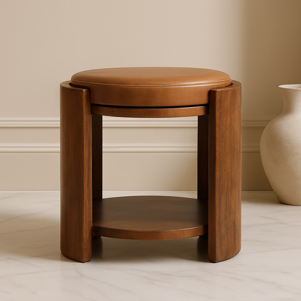 Brown Lacquered Roasted Almond Solid Mango Wood Savoy Leather Stool with Lower Shelf