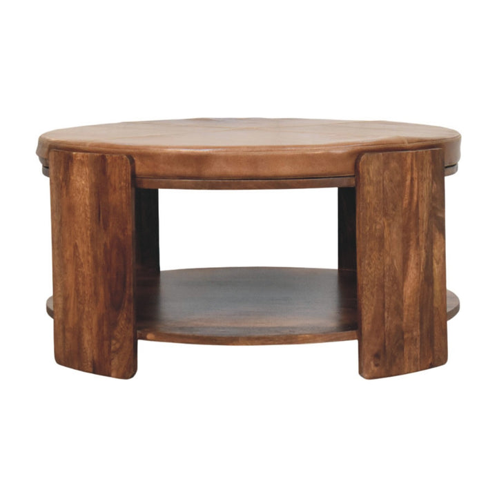 Brown Lacquered Roasted Almond Solid Mango Wood Savoy Leather Coffee Table with Tufted Top