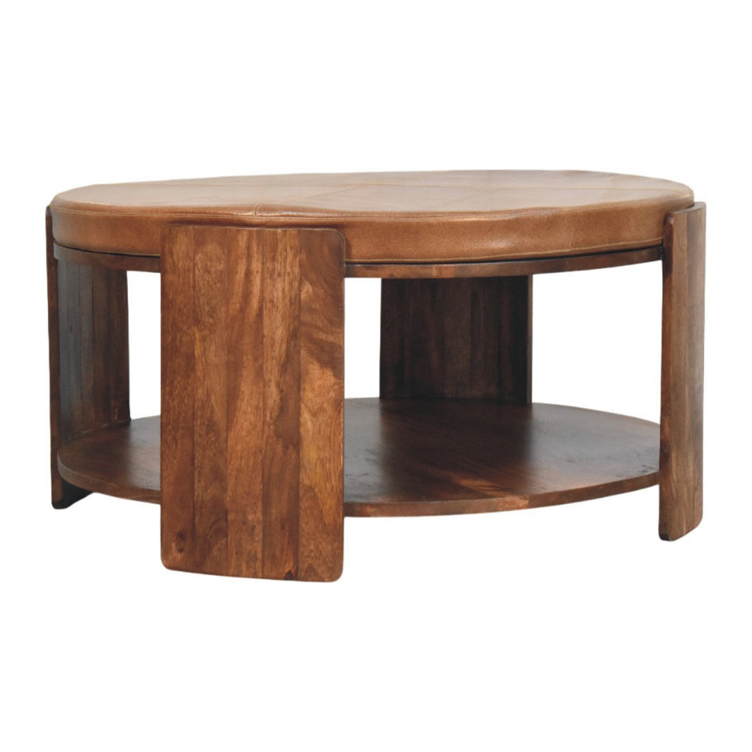 Brown Lacquered Roasted Almond Solid Mango Wood Savoy Leather Coffee Table with Tufted Top