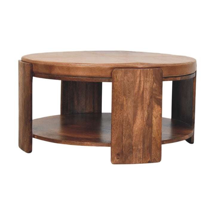Brown Lacquered Roasted Almond Solid Mango Wood Savoy Leather Coffee Table with Tufted Top
