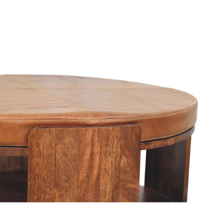 Brown Lacquered Roasted Almond Solid Mango Wood Savoy Leather Coffee Table with Tufted Top