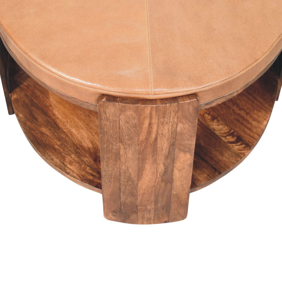 Brown Lacquered Roasted Almond Solid Mango Wood Savoy Leather Coffee Table with Tufted Top