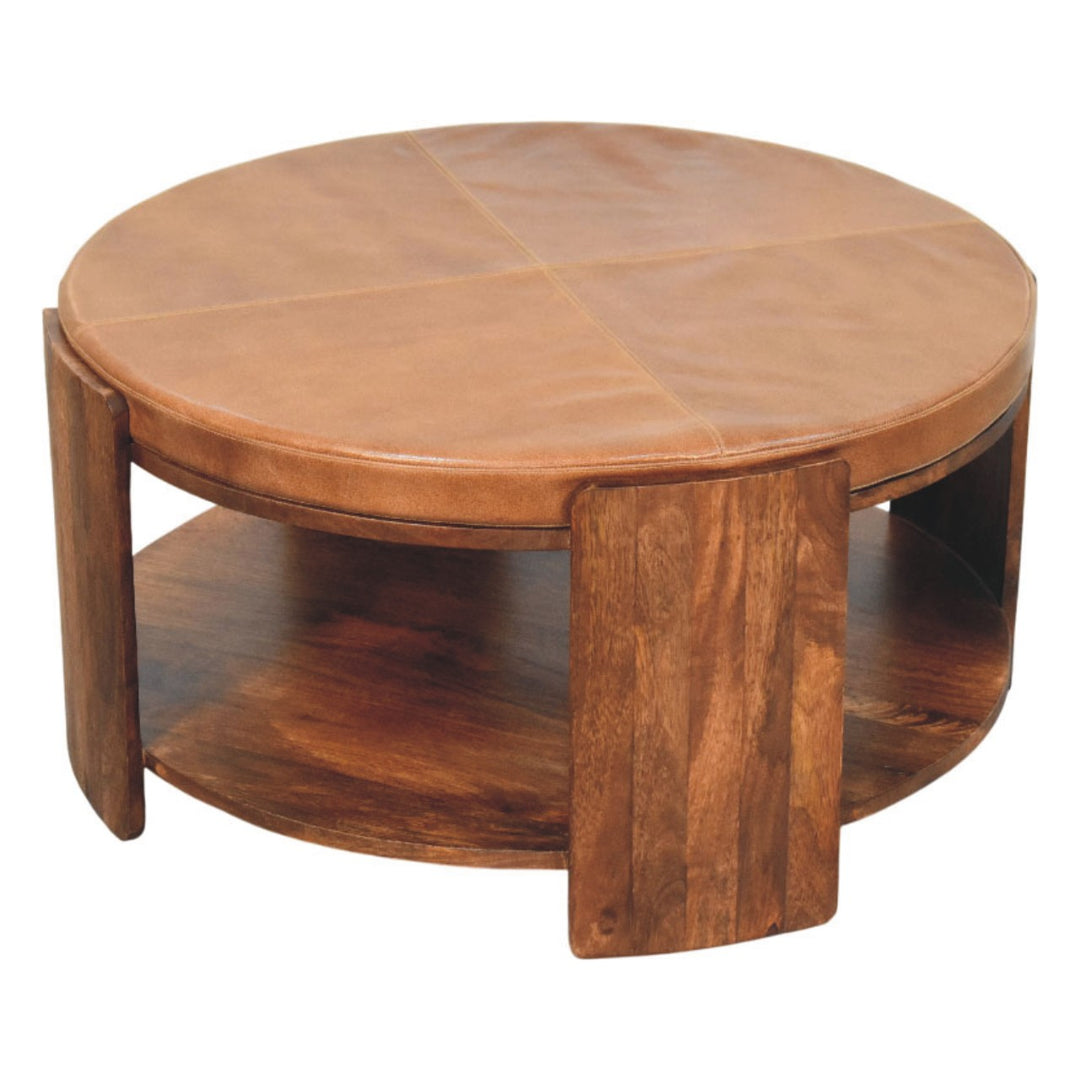 Brown Lacquered Roasted Almond Solid Mango Wood Savoy Leather Coffee Table with Tufted Top
