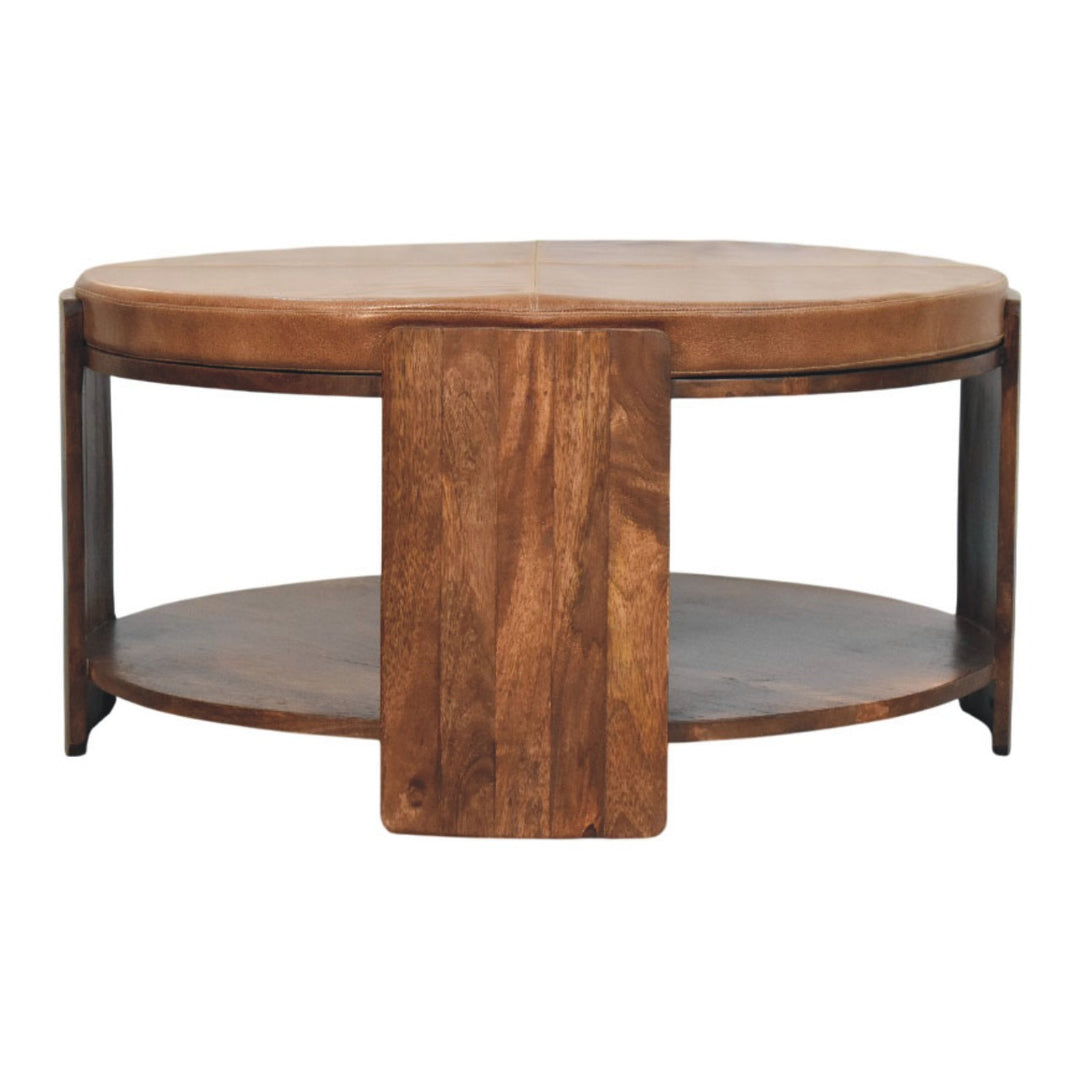 Brown Lacquered Roasted Almond Solid Mango Wood Savoy Leather Coffee Table with Tufted Top