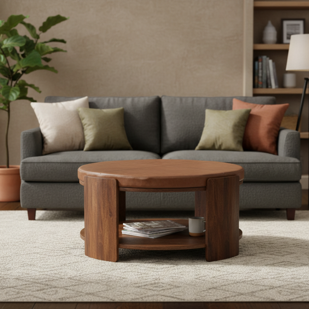 Brown Lacquered Roasted Almond Solid Mango Wood Savoy Leather Coffee Table with Tufted Top