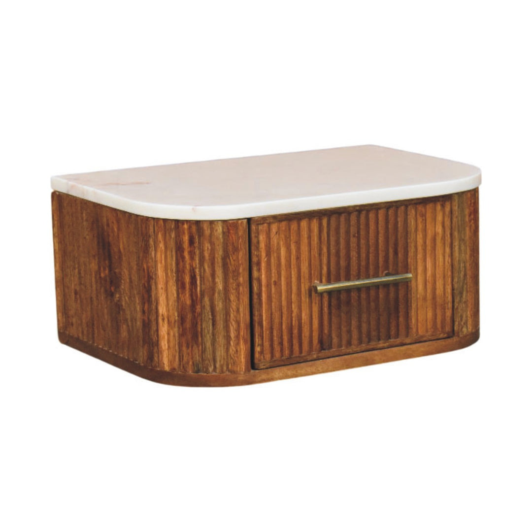 Brown Lacquered Velvet Mocha Solid Mango Wood Beaumont Wall-Mounted Bedside with Fluted Detail