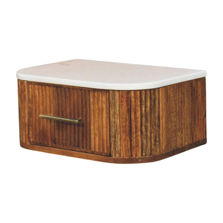 Brown Lacquered Velvet Mocha Solid Mango Wood Beaumont Wall-Mounted Bedside with Fluted Detail