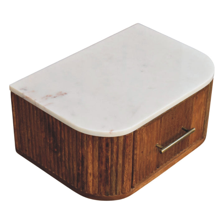 Brown Lacquered Velvet Mocha Solid Mango Wood Beaumont Wall-Mounted Bedside with Fluted Detail