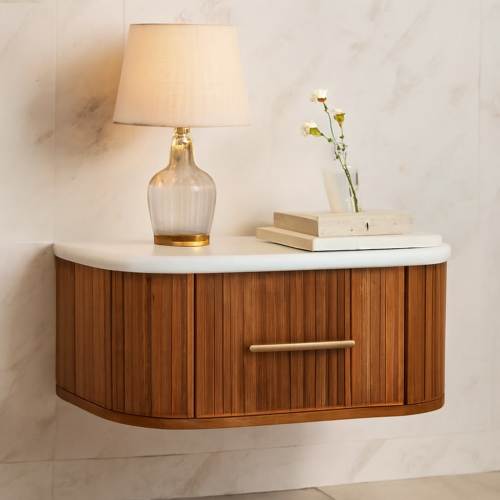 Brown Lacquered Velvet Mocha Solid Mango Wood Beaumont Wall-Mounted Bedside with Fluted Detail